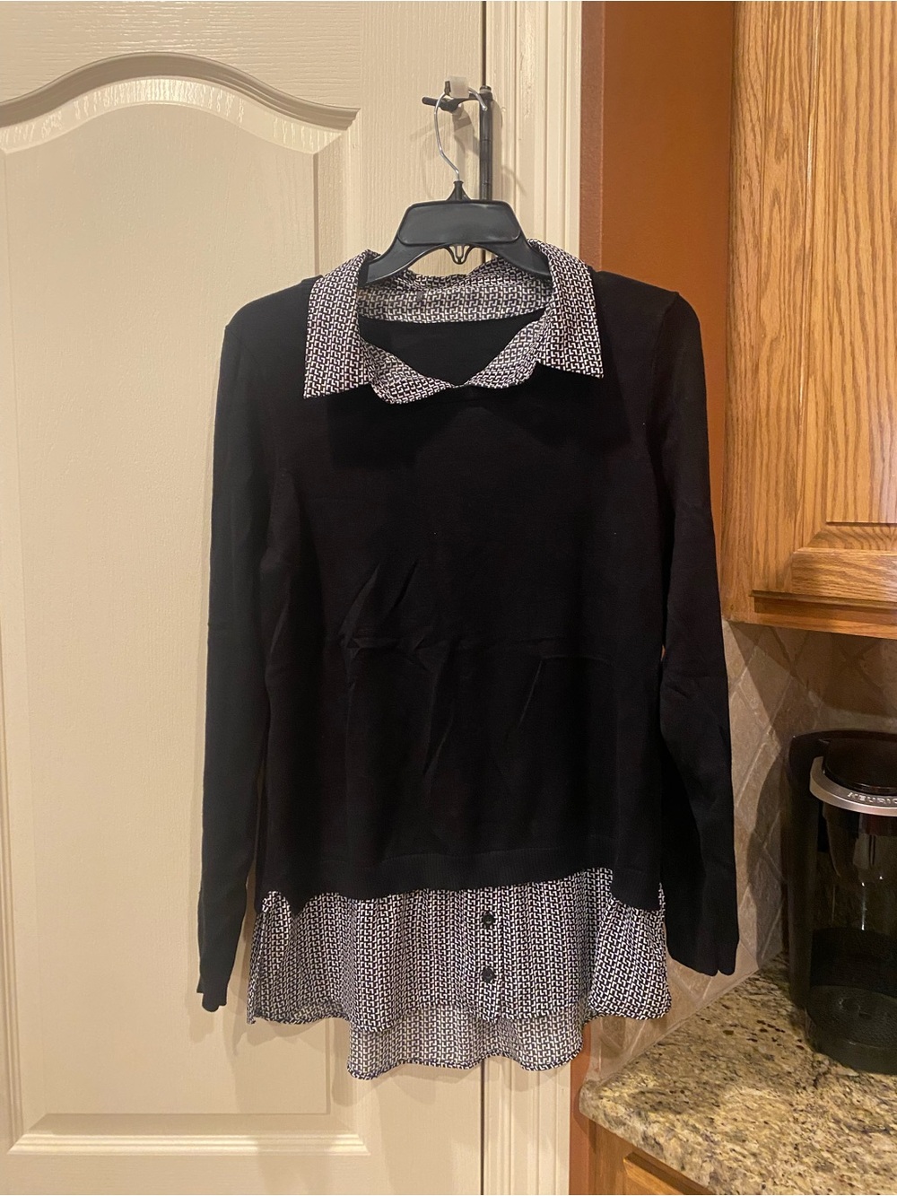Black Layered Sweater Top with Printed Collar and Hem